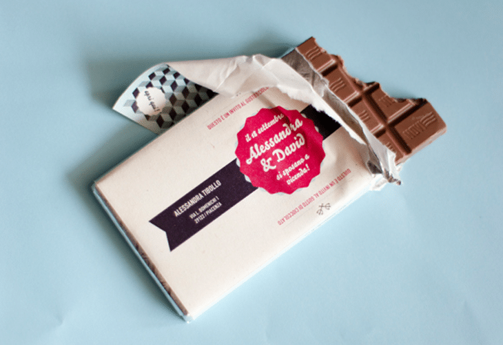 Wedding invitations on chocolate bars