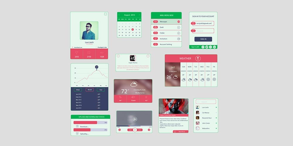 200+ Latest Free UI Kit PSD Collection 51 Colored UI Kit In Flat Design