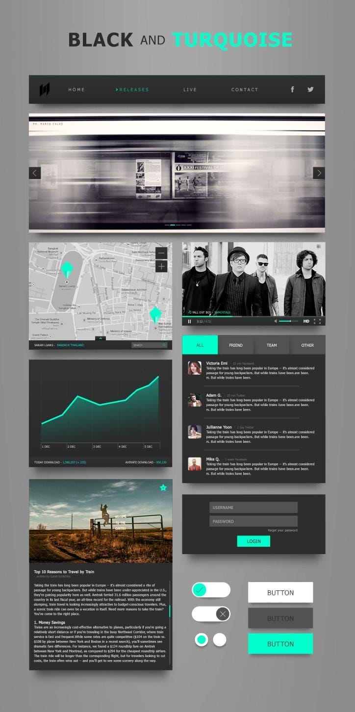 50+ Free Flat style UI Kits 21 Black and Turquoise Ui Kit PSD