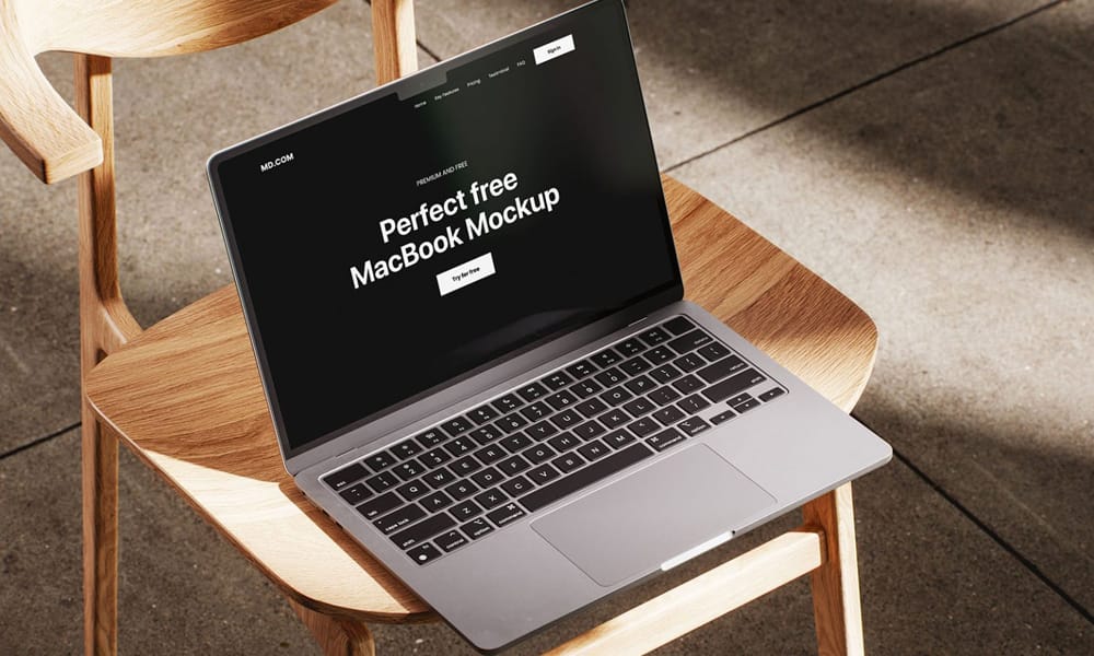 The Ultimate Collection of 2000+ Free Mockup Templates PSD Designs 27 MacBook Mckup on Wooden Chair PSD