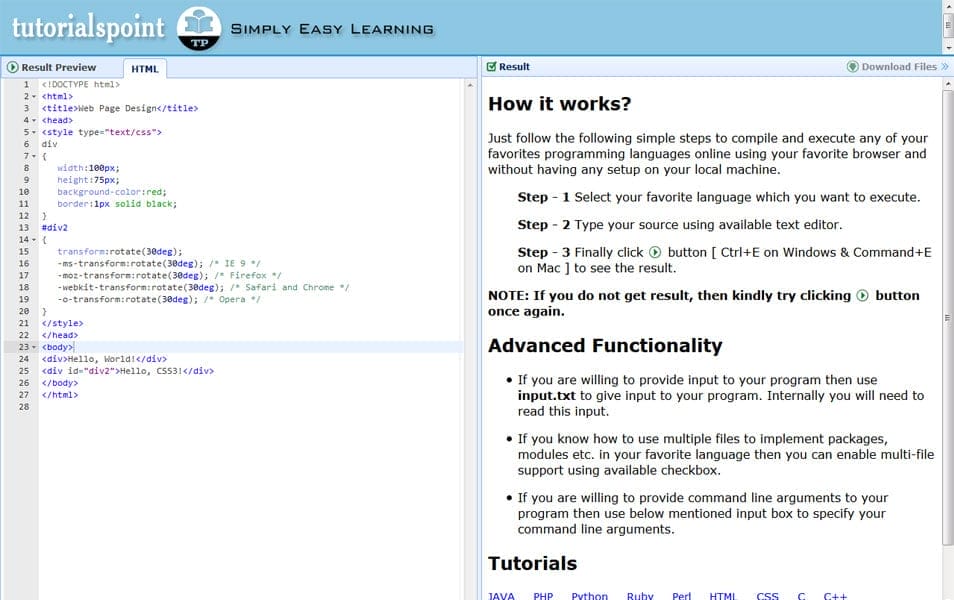 Best Free Code Editors For Developers 35 Online HTML-5 Editor | Tutorialspoint