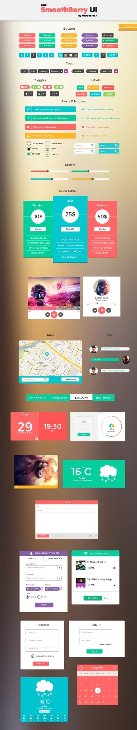 50+ Free Flat style UI Kits 17 Smooth Berry UI PSD
