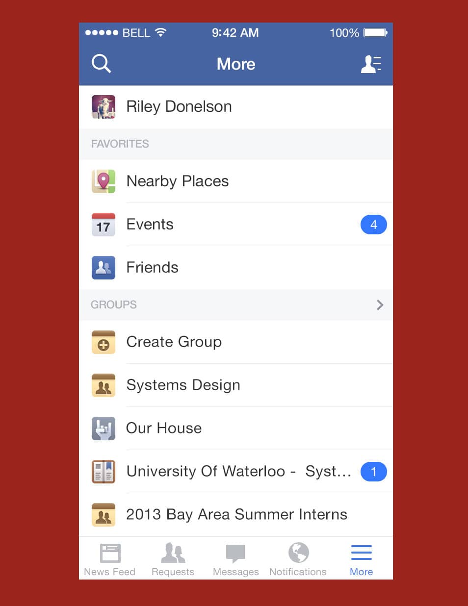 Facebook iOS7 More Menu