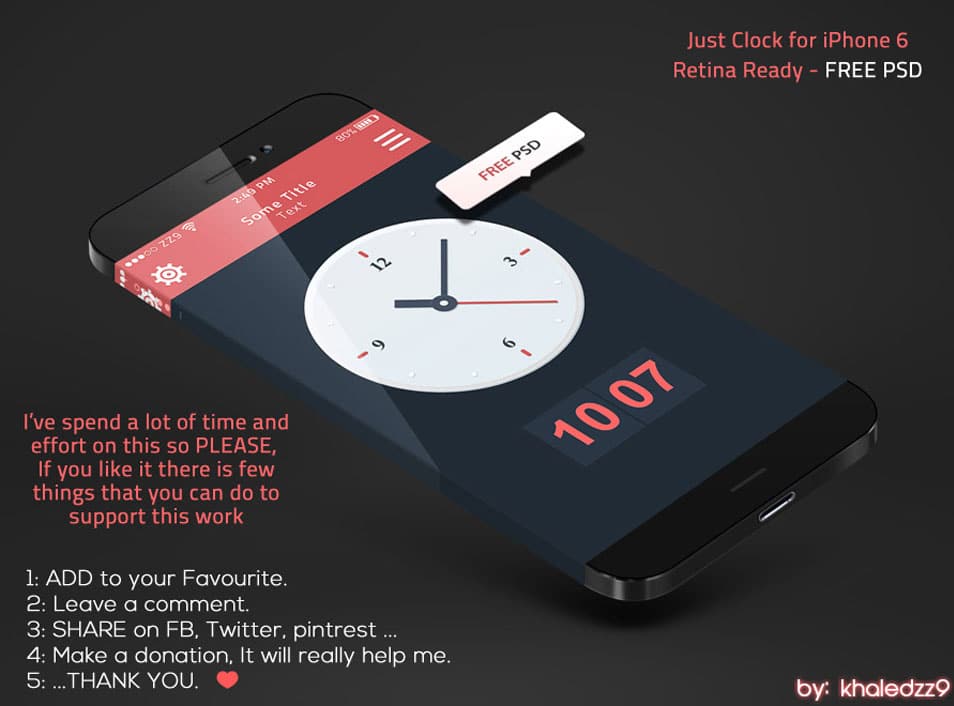 75+ Latest Free UI designs PSD 27 Just Clock for iPhone 6 Retina Ready - FREE PS