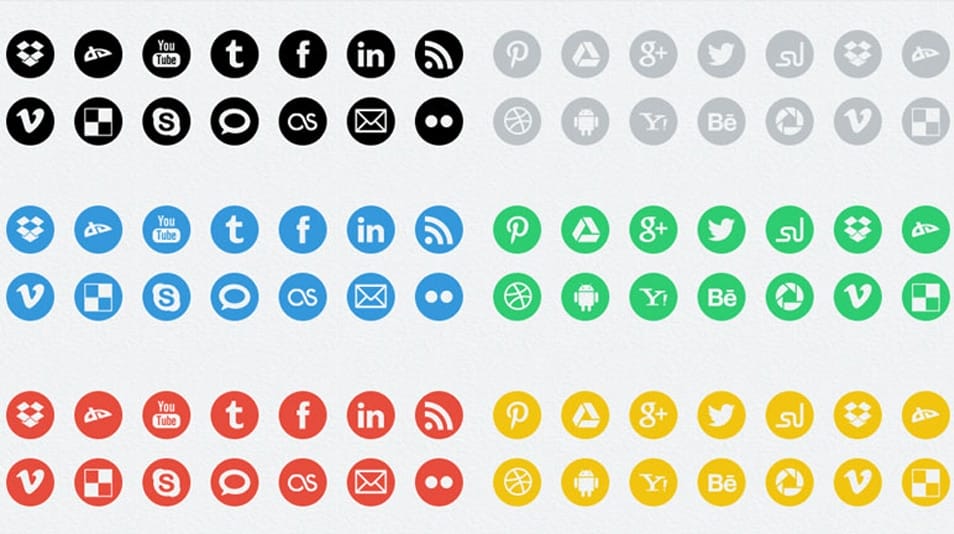 20 round social media icons in 6 colors