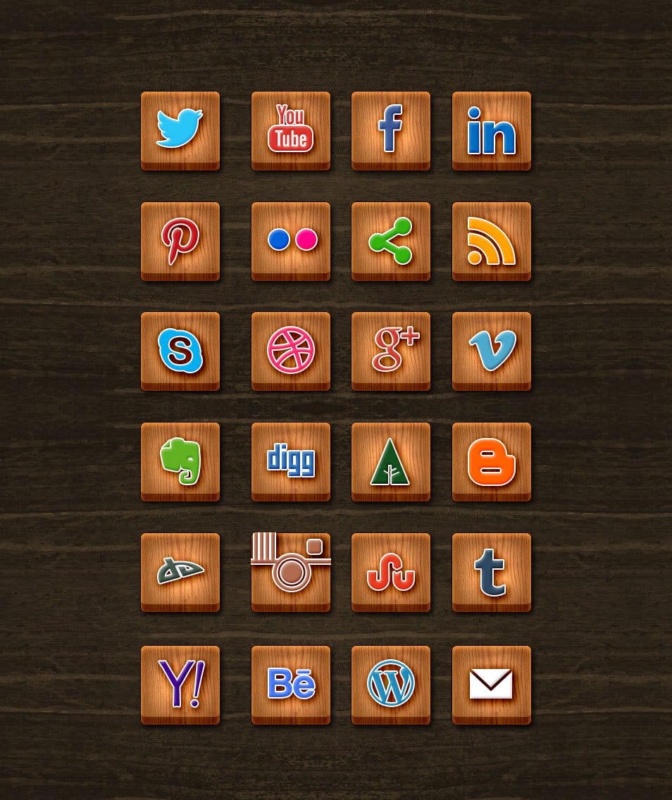 24 Wood Textured Social Media Icons