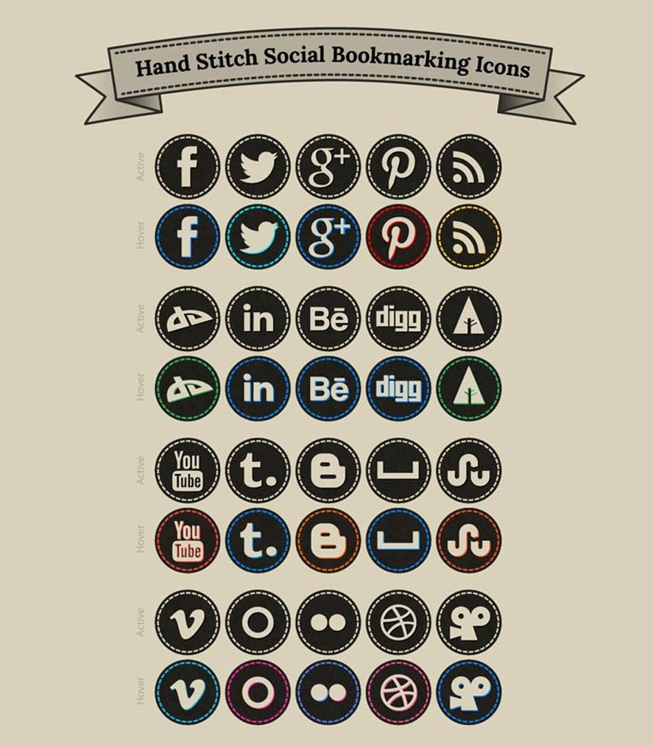 500+ Best Free Social Media Icon Sets 206 Free Hand Stitch Social Bookmarking Icons Set
