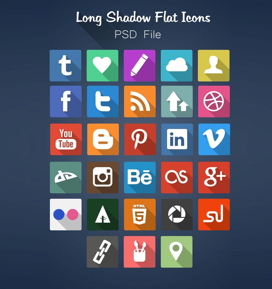 500+ Best Free Social Media Icon Sets 108 Long Shadow Flat Icon Set Free PSD