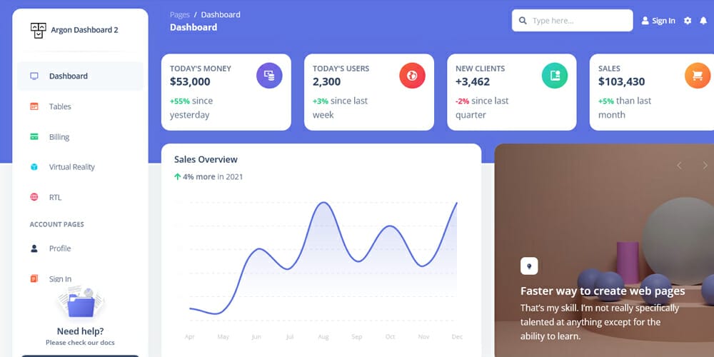 Free Dashboard UI Design PSD 134 Argon Dashboard 2