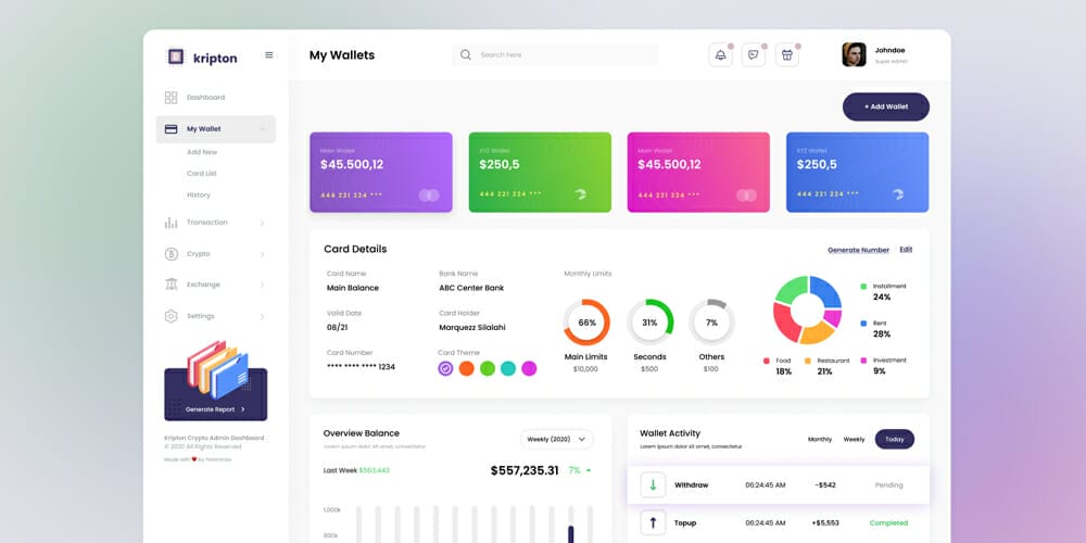 Free Dashboard UI Design PSD 226 Crypto Finance Wallet Page