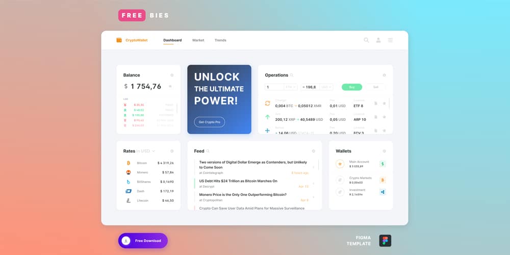 Free Dashboard UI Design PSD 263 Cryptocurrency Market Dashboard