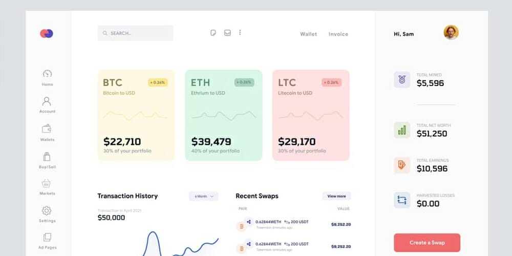 Free Dashboard UI Design PSD 177 Cryptocurrency Wallet Dashboard UI