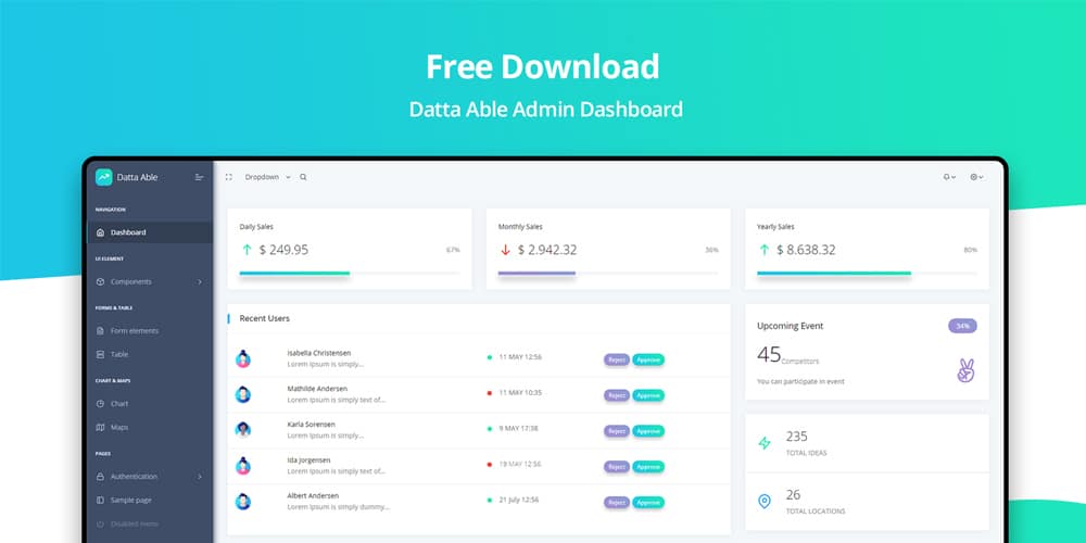 Free Dashboard UI Design PSD 158 Datta Able Admin Dashboard