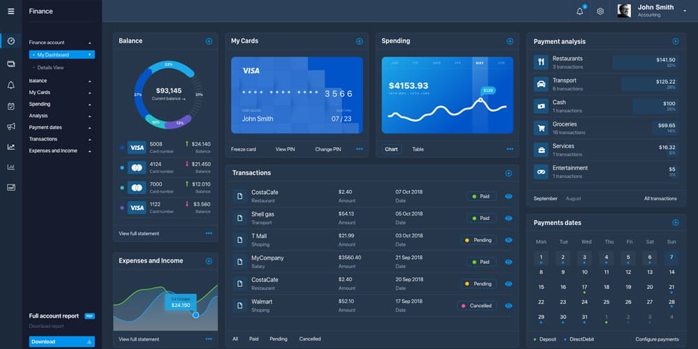 Free Dashboard UI Design PSD 216 Finance Dashboard