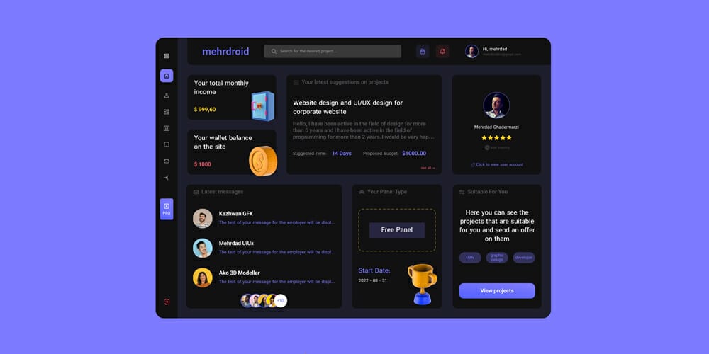 Free Dashboard UI Design PSD 231 Freelancer Admin Panel