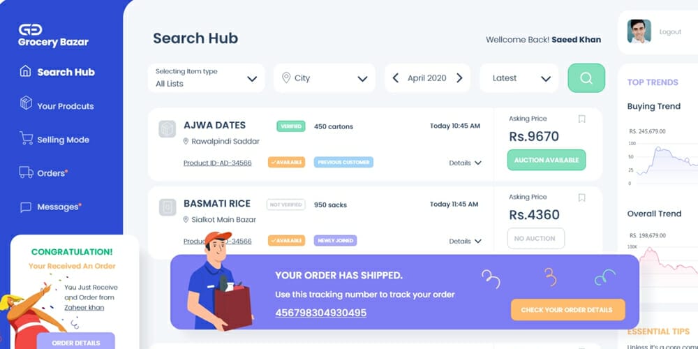 Free Dashboard UI Design PSD 180 Grocery Bazar Dashboard Template