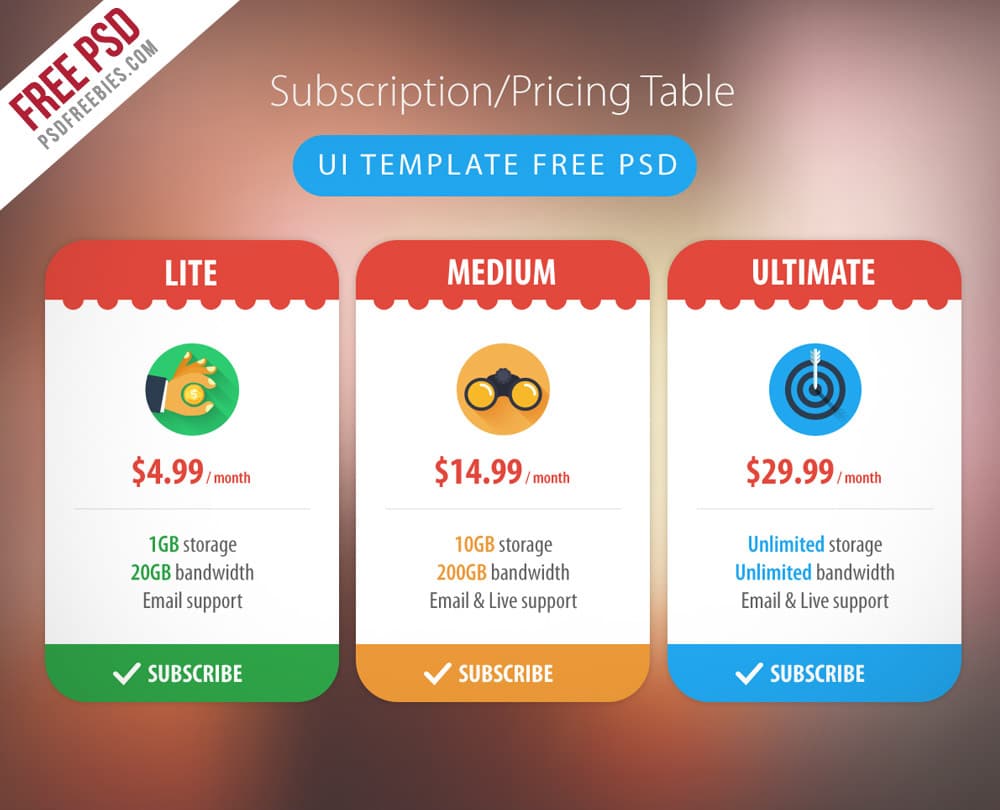 Latest Free Useful UI Elements PSD For E-commerce Websites 1 Subscription Pricing Table UI PSD