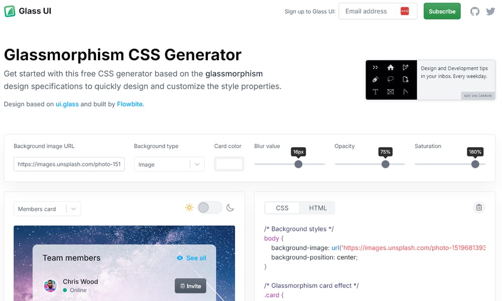 Ultimate CSS Resources (CSS Tools, Frameworks, Ebooks, Snippets..) 14 Glassmorphism CSS Generator