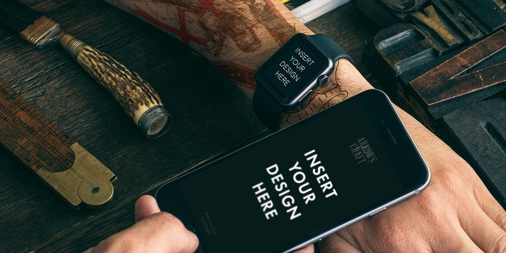 Free iPhone 7 & Apple Watch Mockup PSD