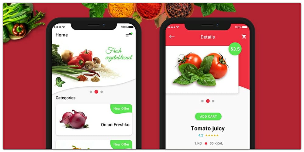 Latest Free Mobile App UI PSD Designs 28 Fresh Vegetables iOS App UI PSD