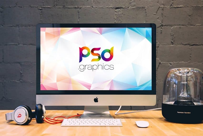 Free Workspace Mockup Design Templates 148 Apple iMac on Desk Mockup PSD