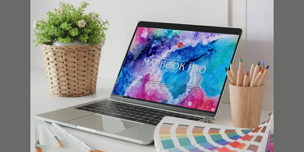 Free Workspace Mockup Design Templates 322 Artistic Interior MacBook Pro Mockup