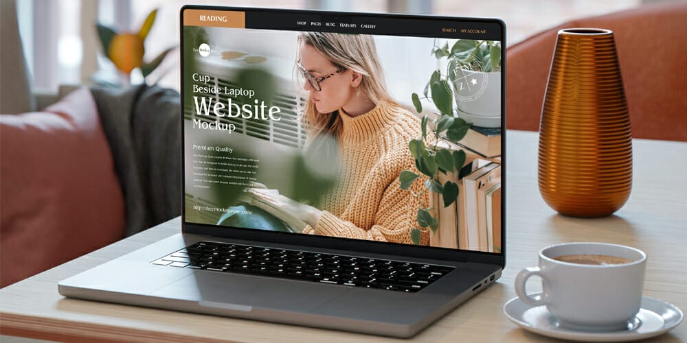 Cup Beside Laptop Website Mockup