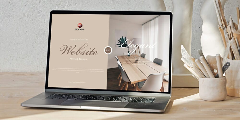 Laptop on Wooden Table Website Mockup Design