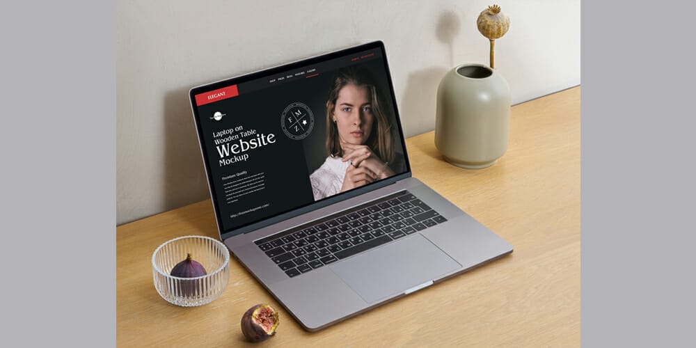 Free Workspace Mockup Design Templates 116 Laptop on Wooden Table Website Mockup