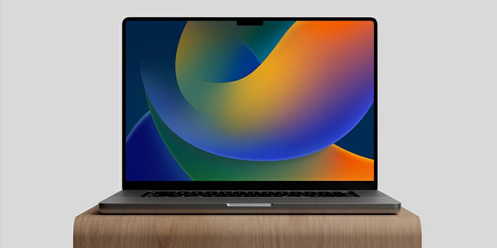 Free Workspace Mockup Design Templates 218 M2 MacBook Pro on Wood Stand Mockup