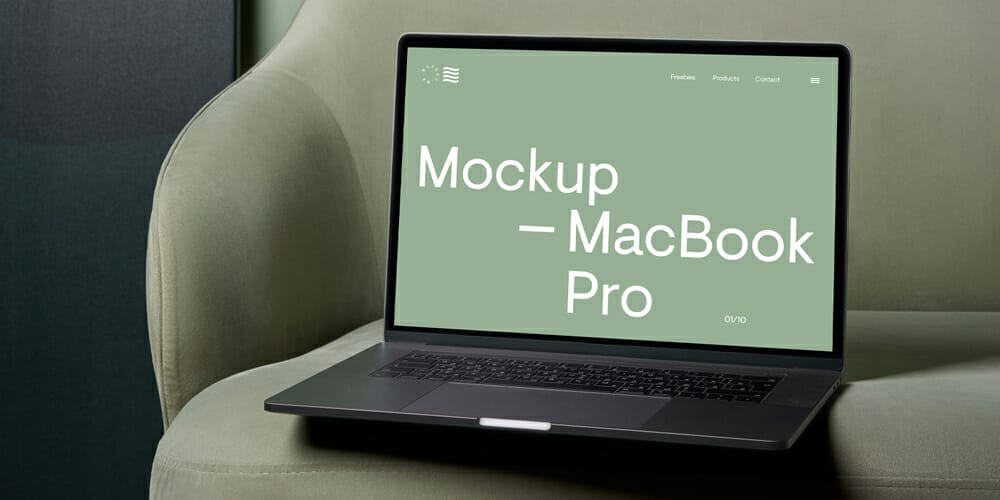 Free Workspace Mockup Design Templates 112 MacBook Pro on a Couch Mockup