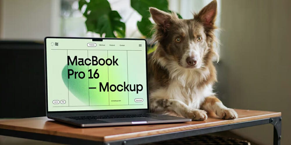 Free Workspace Mockup Design Templates 132 MacBook Pro with Doggy on Table Mockup
