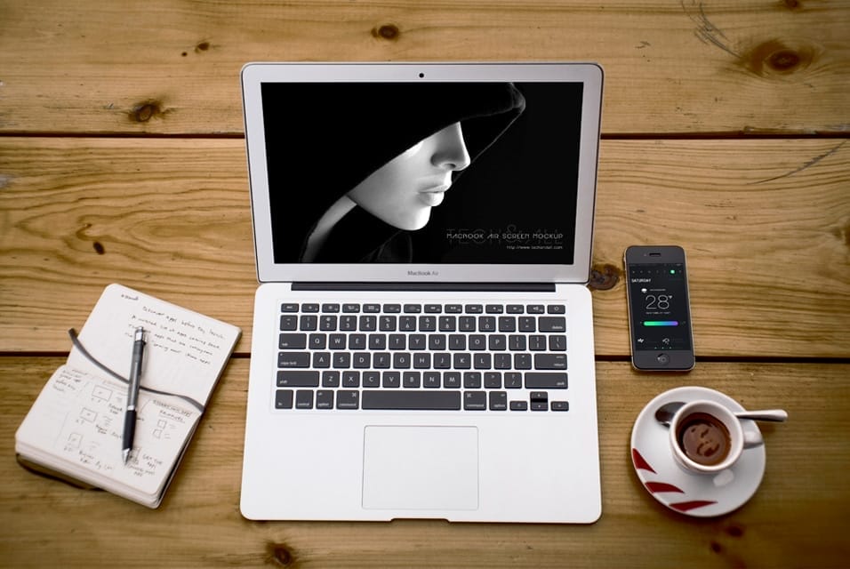 Free Workspace Mockup Design Templates 264 Macbook Air with Prespective Mockup Screen