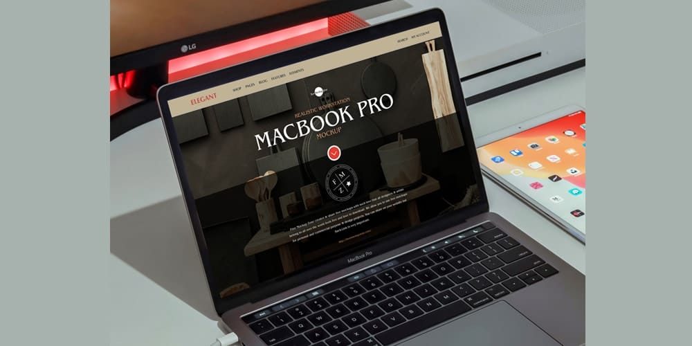 Free Workspace Mockup Design Templates 308 Realistic Workstation MacBook Pro Mockup