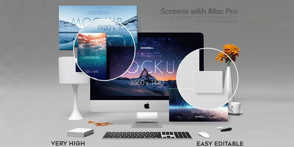 Free Workspace Mockup Design Templates 302 Screens with iMac Pro Mockups