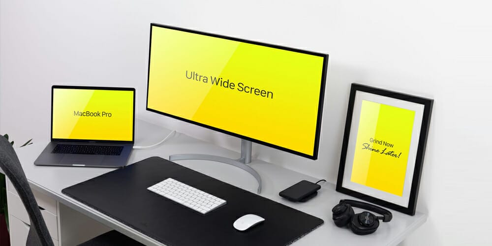 Free Workspace Mockup Design Templates 183 Ultra Wide Screen Monitor MacBook Pro and Frame Mockup