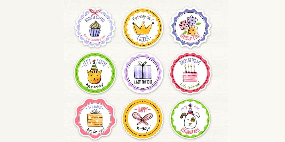 Free Vector Decorative Web Elements 24 Watercolor Birthday Badges