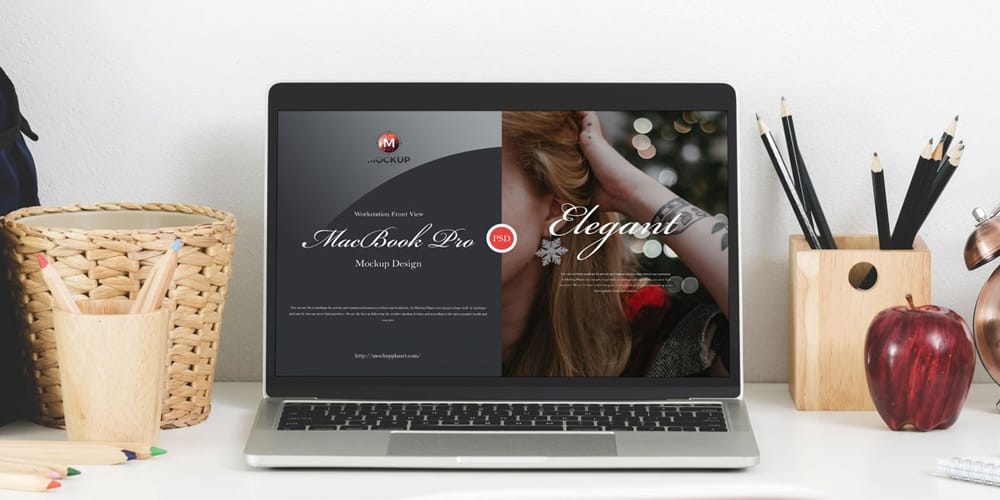 Free Workspace Mockup Design Templates 143 Workstation Front View MacBook Pro Mockup