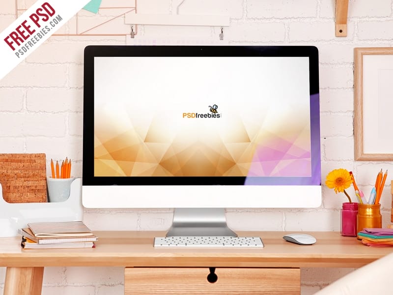 Free Workspace Mockup Design Templates 161 iMac Desktop Workspace Mockup PSD
