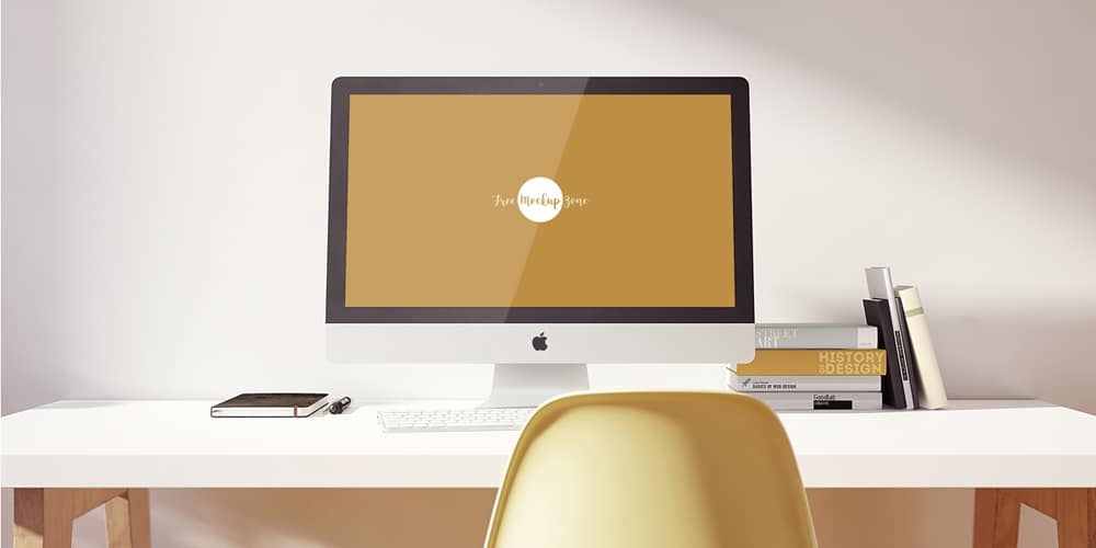 Free Workspace Mockup Design Templates 297 iMac Pro on Designer Table Mockup PSD