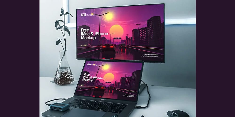 Free Workspace Mockup Design Templates 318 iMac and iPhone Mockups