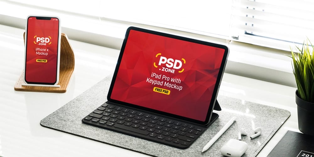 Free Workspace Mockup Design Templates 114 iPad Pro with iPhone X Mockup