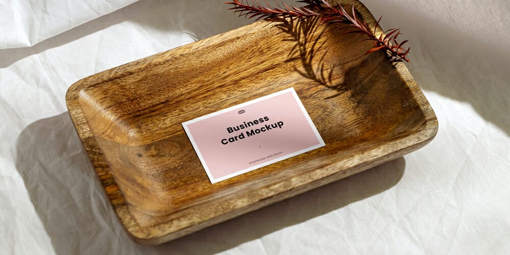 Business Card in Deep Wood Plate Mockup