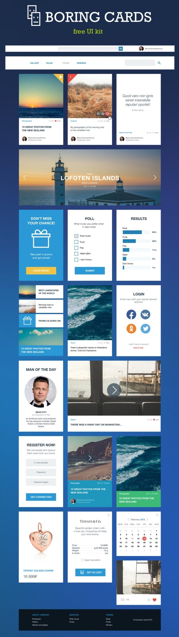 Latest Free Web Elements From February 2015 5 Boring Cards - Free UI Kit PSD