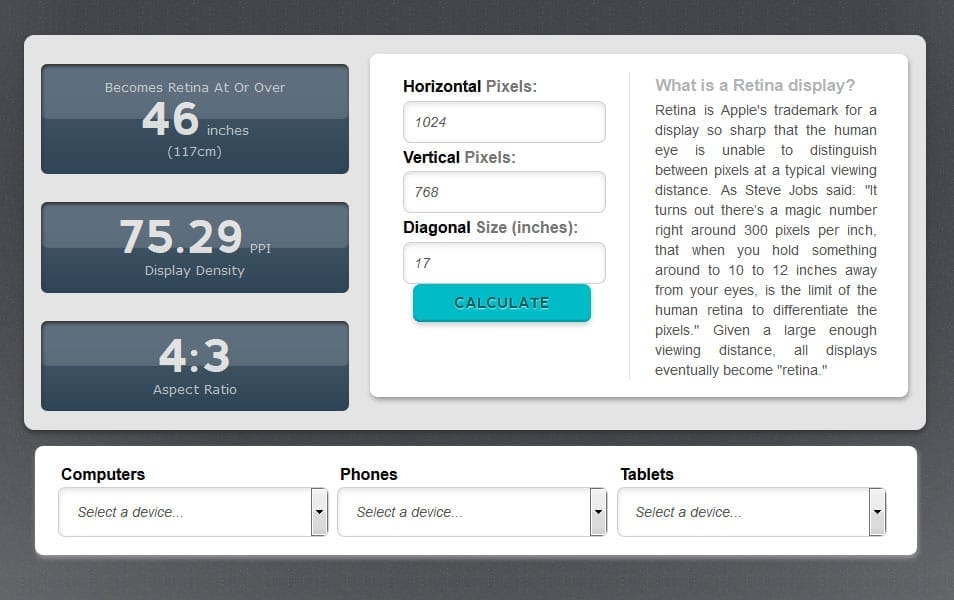 Converters and Calculators for Responsive Design, Color, Typography, Grid, Pixel Density 38 Is This Retina?