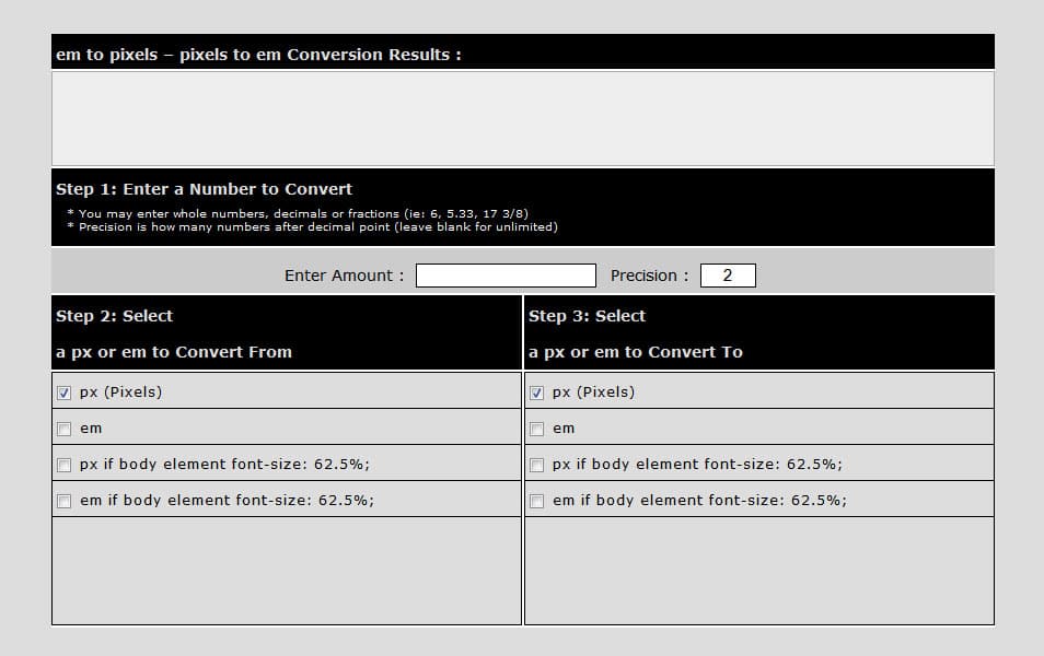 Converters and Calculators for Responsive Design, Color, Typography, Grid, Pixel Density 35 Pixels px to em conversion