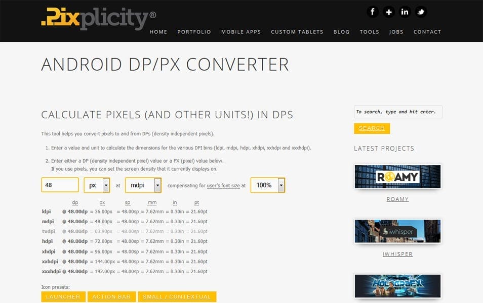 Converters and Calculators for Responsive Design, Color, Typography, Grid, Pixel Density 45 Android DP/PX converter