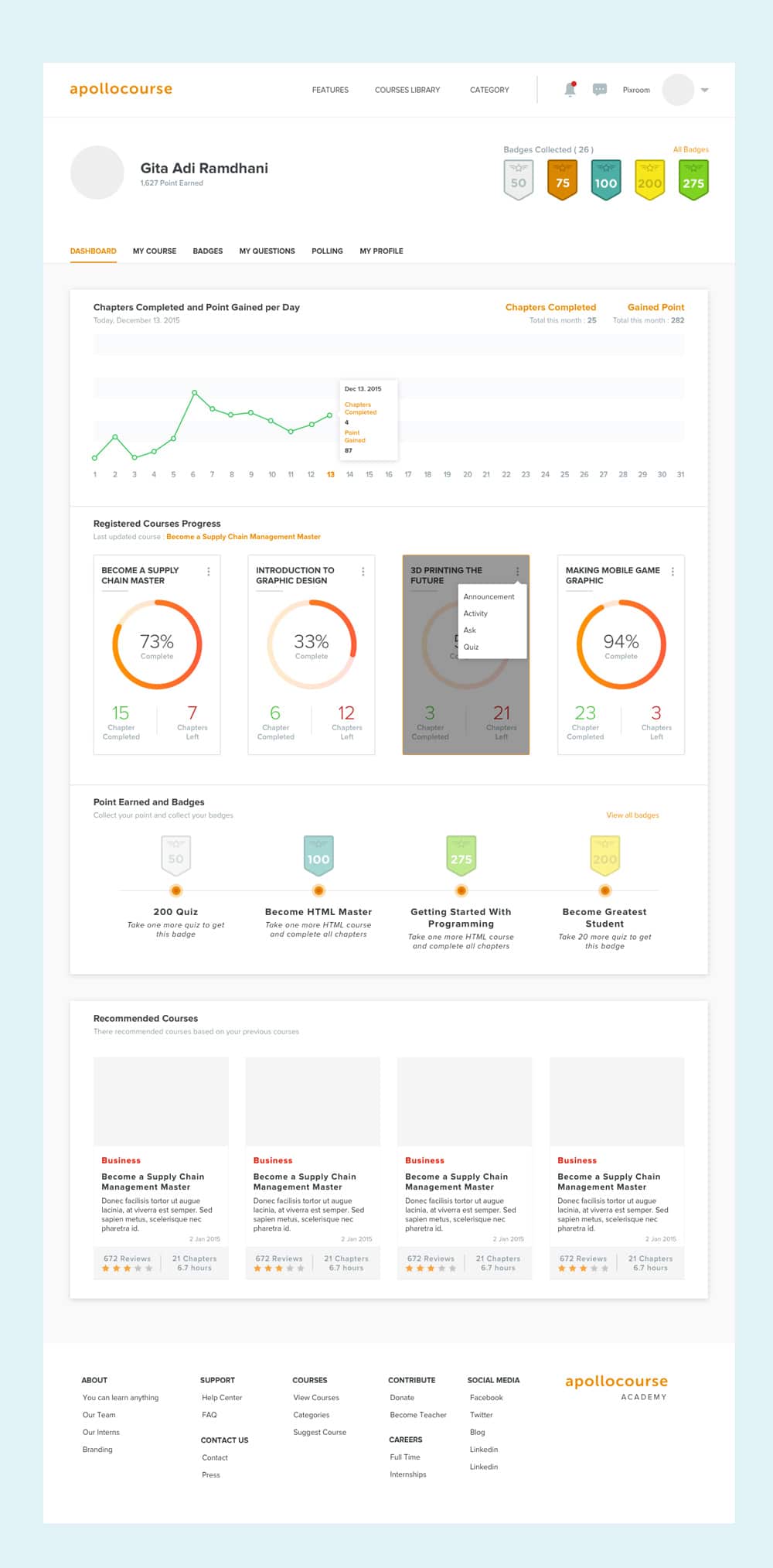 Free Dashboard UI Design PSD 123 Apollo Online Learning Course Dashboard