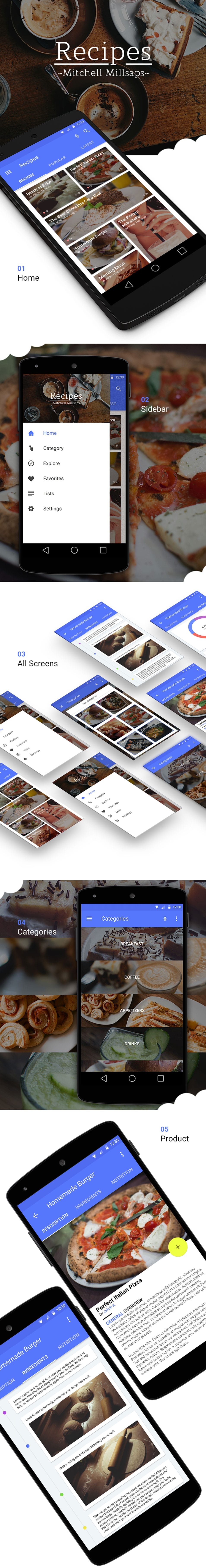 Recipes Material Design Free App Mockup