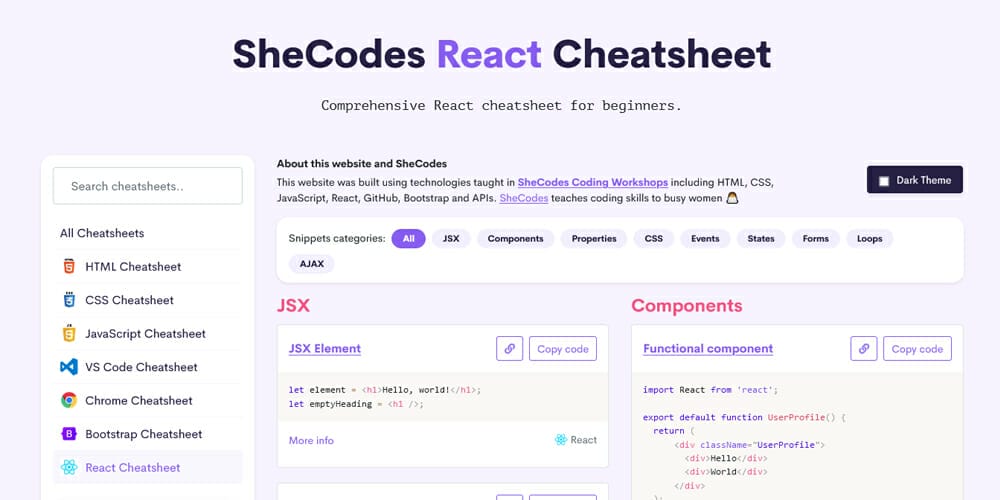 SheCodes React Cheatsheet